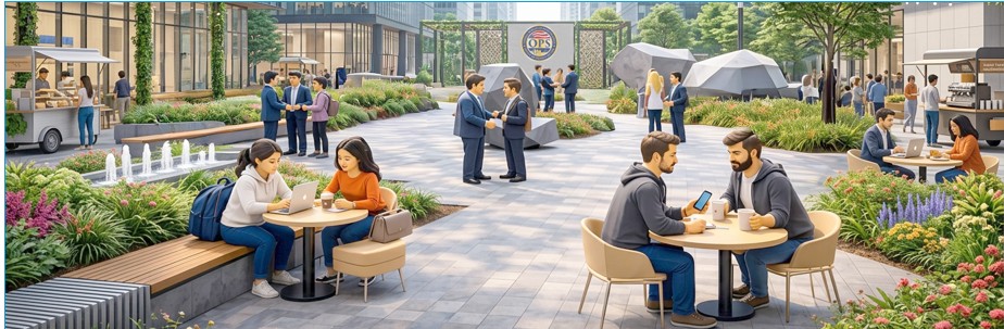 Private Sector Portal landing image — professionals collaborating in a plaza